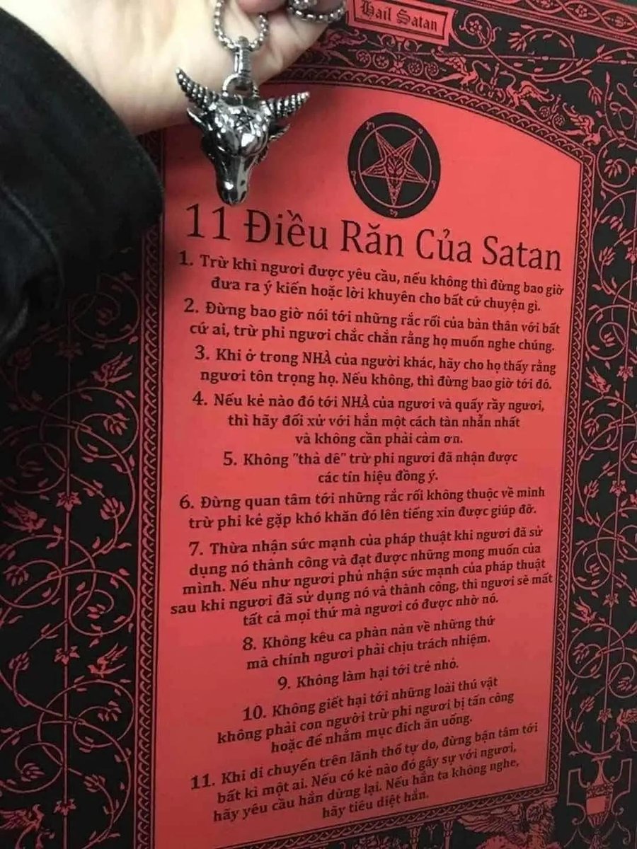 Vik2Vi's tweet photo. 11 điều răn của Satan 

Thứ trước đây luôn bị xem là 

Đại diện cho chủ nghĩa cá nhân cực đoan

Phản ứng chống lại đạo đức

So sánh với thực trạng xã hội hiện tại

Lại thấy nó rất bình thường

Phải chăng là do yêu cầu tối thiểu về đạo đức đã giảm? https://t.co/7avGfDCplN