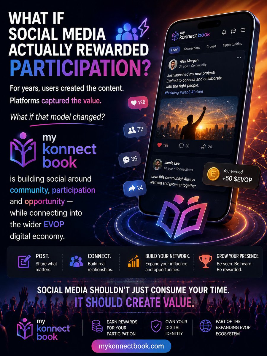 mykonnectbook's tweet photo. WHAT IF SOCIAL MEDIA ACTUALLY REWARDED PARTICIPATION? 👥⚡

For years, users created the content.

Platforms captured the value.

What if that model changed?

My Konnect Book is building social around community, participation and opportunity — while connecting into the wider EVOP digital economy.

Post.
Connect.
Build your network.
Grow your presence.
Social media shouldn't just consume your time.
It should create value.

https://t.co/GzYMi9X7EE