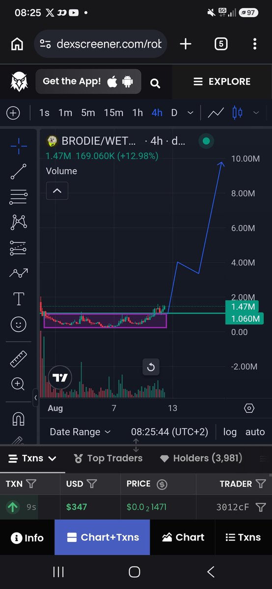 GG1nvestments's tweet photo. After a longer accumulation phase, $Brodie broke out of the range yesterday. I mentioned in my private circle that got in sub 400k, that as long as @BrodieHasFun consolidates above the breakout level for a couple of days, then that would be very bullish.

However - waking up to see that it has already retested the breakout level and resuming of towards its next leg, all in under 24hrs, tells me sellers are done selling, volume is increasing and buyers are stepping in.

Lots of confluence with $Pons wallets scooping 0.3-0.6% bags on everydip.

Many people don't know that on top of being a certified gem hunter, I also analyze the blockchain to see whether pumps are organic or manipulated by insiders/MM.

This is as clean as it gets.

Now ad the fact that its on Robinhood chain, Bonkguy and $Pons dev supporting, many pons holders buying and being the Robinhood dog...

Idk what to tell you. This all screams inredibly bullish and most importantly:

Incredibly early...

Thats how we like it🤝