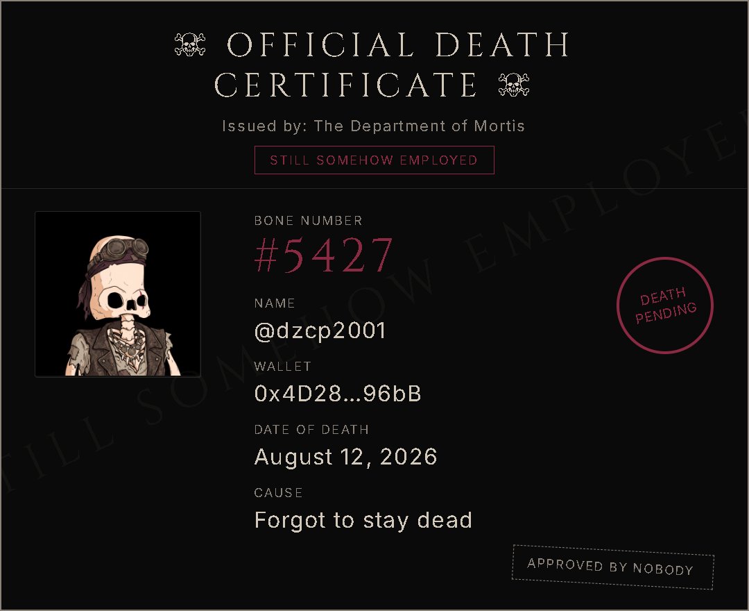 dzcp2001's tweet photo. I got my Mortis Official Death Certificate.

Apply for WL -> https://t.co/2qJPU2OzzK

@MortisHQ arrives on Robinhood Chain. https://t.co/ZbsFcmtHAQ