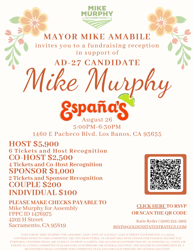 MercedCountyGOP's tweet photo. Join Mike Murphy for this fundraising reception hosted by the Mayor and Mayor Pro Tem of Los Banos.
RSVP or Donate here: https://t.co/gy28HAU2Iz
#Merced #LosBanos #DosPalos #Atwater #Delhi #Livingston #Gustine #Hilmar #Stevinson #SantaNella #Winton https://t.co/ziNS2tQl63