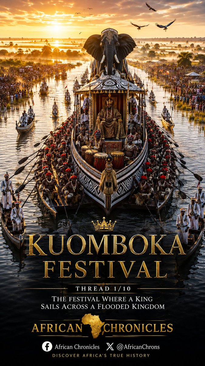 AfricanChrons's tweet photo. 🧵 Thread 1/10 — The Festival Where a King Sails Across a Flooded Kingdom 👑🌊

📅 Festival Date (2026): 28 March 2026
📍 Location: Lealui → Limulunga, Western Province, Zambia
👑 Celebrated by: The Lozi People
🌍 Country: Zambia

Imagine a king leaving his palace—not by horse or carriage, but aboard a magnificent royal barge with nearly a hundred paddlers, as thousands cheer from the riverbanks.

This is Kuomboka, one of Africa's most spectacular royal ceremonies.

The word "Kuomboka" means "to get out of the water." It marks the Litunga's (King's) ceremonial journey from the flooded Barotse Plain at Lealui to higher ground at Limulunga when the Zambezi River rises.

For over 300 years, this breathtaking tradition has celebrated leadership, resilience, and the close relationship between the Lozi people and the mighty Zambezi River.

🧵 1/10👇

#KuombokaFestival #Zambia #AfricanHistory #AfricanCulture #LoziKingdom #AfricanHeritage #TravelAfrica #HistoryMatters #AfricanChronicles #DiscoverAfrica