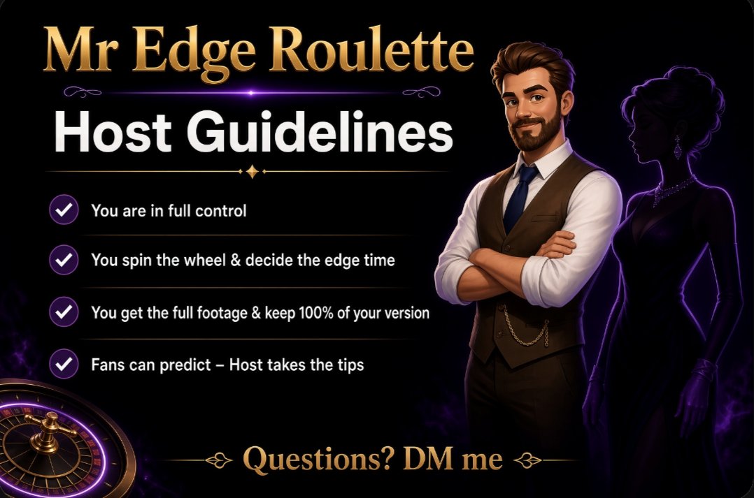 misteredgex's tweet photo. Morning all!

I'm looking for confident ladies who'd be interested in hosting Mr Edge Roulette! 🎲

An edging gameshow for the fans with you fully in charge and taking all the tips 🪙

See overview in attached graphic ⬇️ https://t.co/PZqNOliZMY