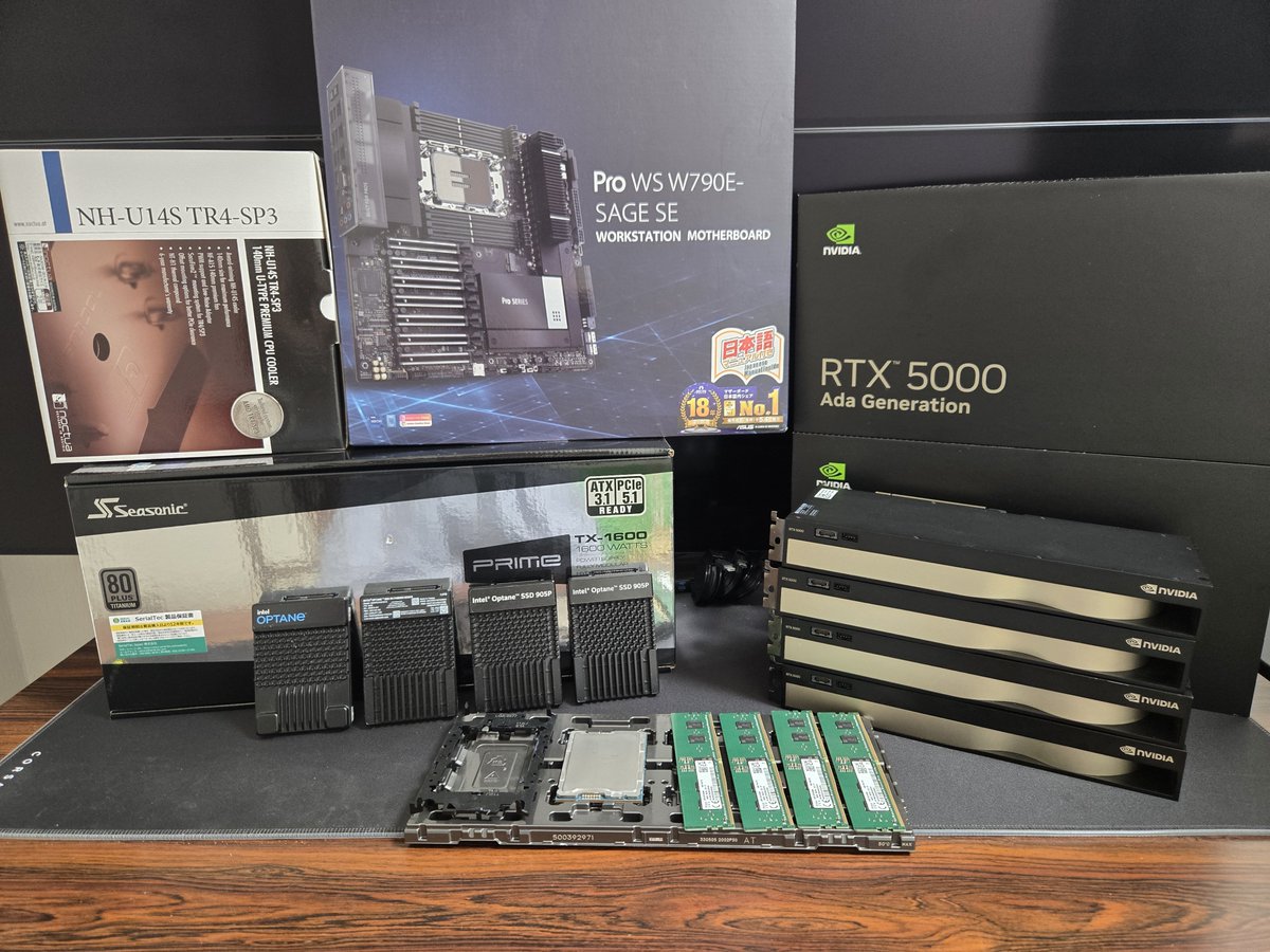 ReyLucy_GPGPU's tweet photo. 一通り揃ったので久々にPC組むぞ！！
総額400万超え😇😇😇

Xeon W9-3595X
Pro WS W790E SAGE
DDR5-5600 RDIMM 64GB
RTX 5000 Ada ×4
Optane P5800X 1.6TB
Optane P4800X 1.5TB
Optane 905P 1.5TB ×2
PRIME TX-1600 1600W Titanium 
ALTA D1 https://t.co/2OOa6kHo6D