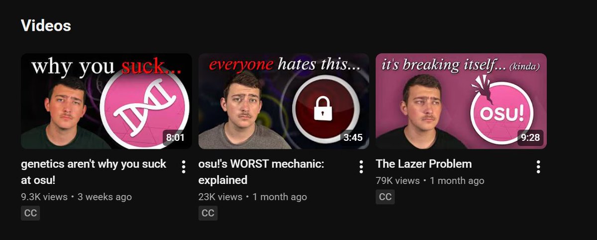 andy_raikou's tweet photo. I heavily disagree, literally anyone can make a video. You don't need to be top 100, you don't need to make money from it, and you don't need to turn it into a career. 

What happened to making videos because you genuinely enjoy the game and have a cool idea? 99% of this community are viewers, and then everyone complains that "osu! content is dead" while barely anyone actually tries making anything.

It does NOT matter if those videos get 500 views or 10K views, they're still the result of someone's creativity, effort, and passion for the game. At the end of the day, the problem is that we never really started encouraging people to make that kind of content in the first place.

And that's why I'm heavily encouraging Top 100 players specifically to start making content. It's simply easier for them to cater to an osu! audience when a huge part of the community already wants to watch high level gameplay. You already have the skill and an existing audience interested in seeing what you can do, you just need to turn that into something creative.

These are examples of passion and effort. 

Why are we always saying stuff like this to restrict and demotivate others who have wanted to pitch in these kind of ideas?