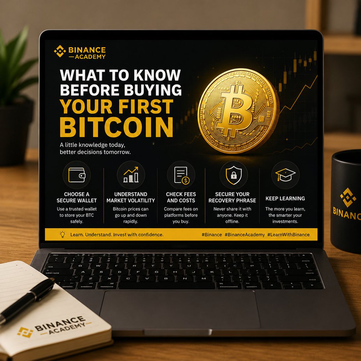 LorenzoKin1998's tweet photo. Thinking about buying Bitcoin for the first time? Don’t rush in. 

Learn how wallets work, understand market volatility, check transaction fees, and always protect your recovery phrase. 

A little knowledge can make your first BTC purchase much safer.

#Binance #BinanceAcademy #LearnWithBinance