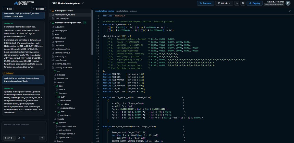 EverpowerLabs's tweet photo. 🚀 From prompt to deployed Xahau Hook.

Everpower Studio’s upcoming Xahau Hook Builder lets you generate Hook code with prompts, review it, and deploy directly to Xahau—with transaction signing handled securely through Xaman.

https://t.co/XENng8fxAX https://t.co/CnXaEKP1r1