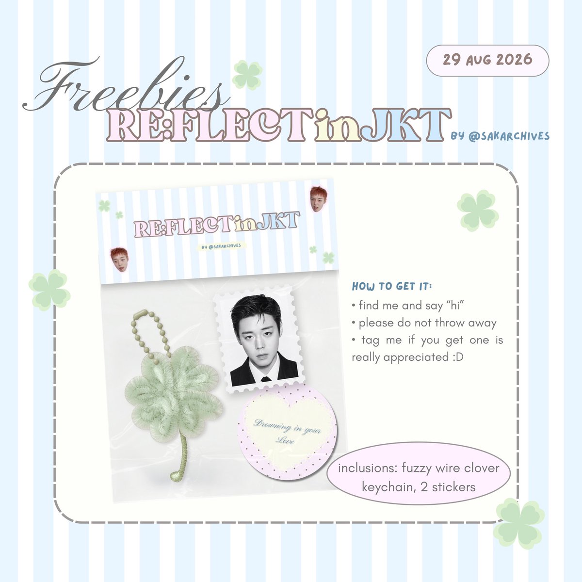sakarchives's tweet photo. .☘︎ ݁ PARK JIHOON RE:FLECT IN JAKARTA ⋆.☘︎ ̊ 
FREEBIES by @sakarchives .ᐟ

𐙚 RT + like are appreciated!
𐙚 please do not throw away
𐙚 29/08 — time &amp; location TBA 
𐙚 open for trade :D

see you at the venue, MAYs <3

#박지훈 #PARKJIHOON #REFLECTInJakarta https://t.co/afqDvgSKqv