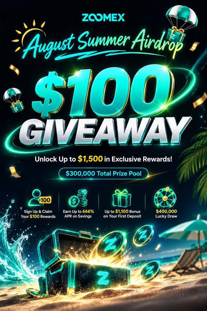 thedeiacrypto's tweet photo. Sending 100 usdt over the next 48hrs 💫  (2 winner x 50)

-R + F @ZoomexOfficial  

-Click the link: 
https://t.co/qOKRKCz973  (Post Proof)  
—————

Zoomex August Summer Airdrop is live.

Sign up → $100 instantly.
First deposit → up to $1,100 bonus.
Savings → up to 666% APR.
Lucky Draw → $400,000 pool.

Up to $1,500 per user. $300,000 total. No entry fee.

#Zoomex #AugustSummerAirdrop
[NFA / DYOR / ADs]