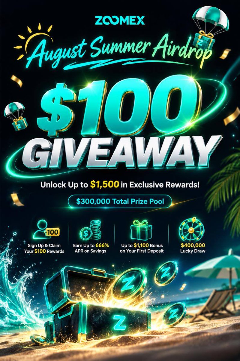 AlmiraCrypto's tweet photo. 💲100 Draw in | 24 Hours |
  
▫️RT & Follow: @ZoomexOfficial  

▫️Click the link: https://t.co/TbtJz0JZ86

Post Proof 

 (AD~NFA~DYOR) 
 —————
Zoomex August Summer Airdrop is live.

Sign up → $100 instantly.
First deposit → up to $1,100 bonus.
Savings → up to 666% APR.
Lucky Draw → $400,000 pool.

Up to $1,500 per user. $300,000 total. No entry fee.

#Zoomex #AugustSummerAirdrop