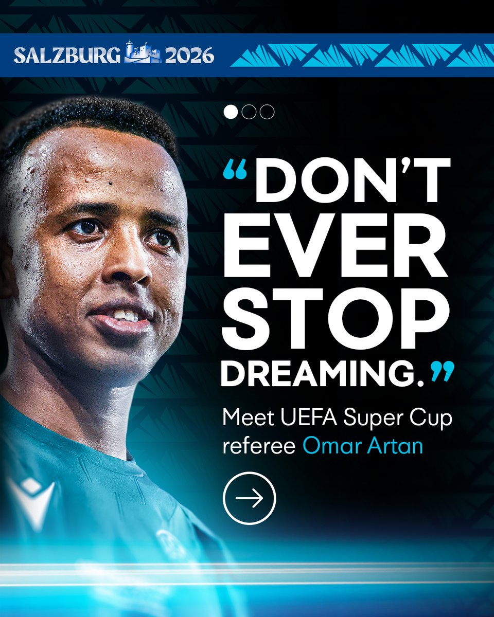 UEFA's tweet photo. 🤝 Meet UEFA #SuperCup referee Omar Artan.

An experienced @CAF_Online official, Artan has overcome significant obstacles and shown remarkable determination to earn a historic appointment in Salzburg.
