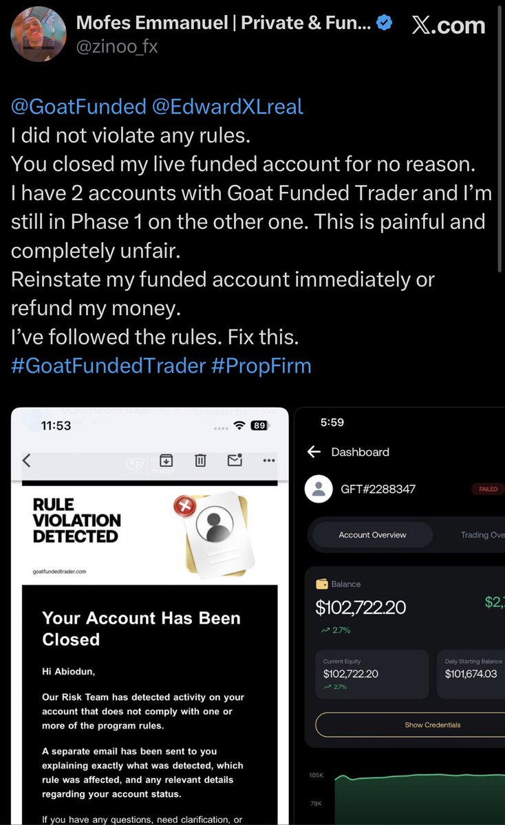 jamaal_trades's tweet photo. @GoatFunded I’m expecting you to fix my mentee’s @zinoo_fx situation that you guys fucked him over. Any response for that? Let’s not worry about CPI and worry about this. You’re a prop firm not a trader. https://t.co/pejoPB7V90