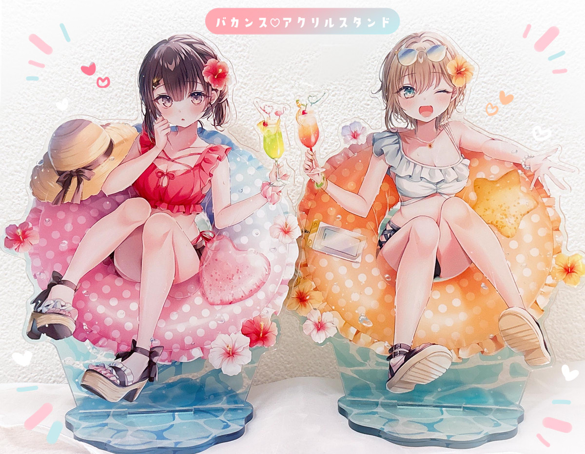 Nemuriris's tweet photo. 🌺C108 新作グッズ写真🌺
˗ˏˋ バカンス♡アクリルスタンド ˎˊ˗
とっても夏らしいアクスタになりました！
並べて飾ると乾杯してる２人になります♡
ぜひお手に取っていただけたら嬉しいです🫶🏻 https://t.co/fVn4mMZyYQ