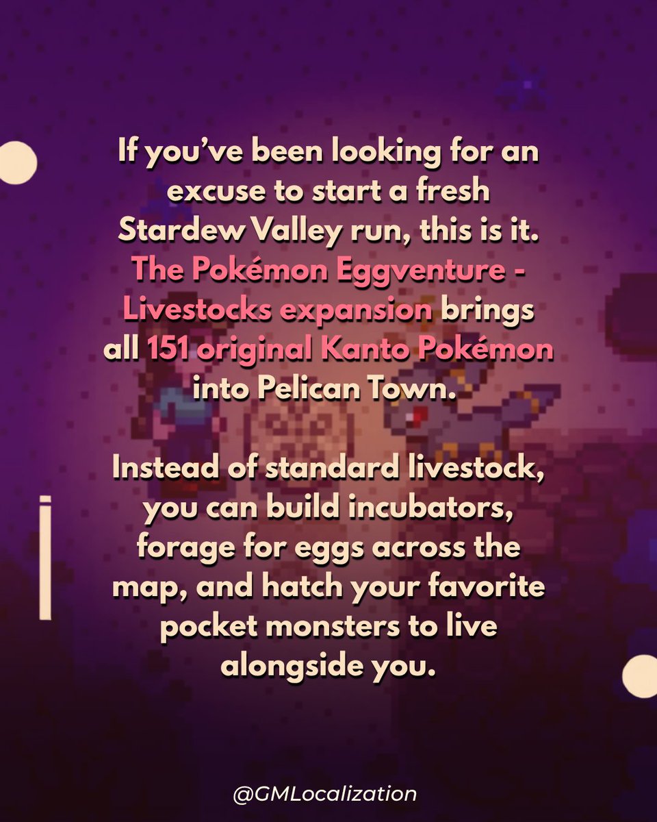 GMLocalization's tweet photo. Stardew Valley meets Pokémon! 🌾⚡️

A new fan mod brings all 151 original Kanto Pokémon to Pelican Town! 

(Not our localization, just a mod we love!)

#StardewValley #Pokemon #CozyGaming https://t.co/0g3q7wq9qf