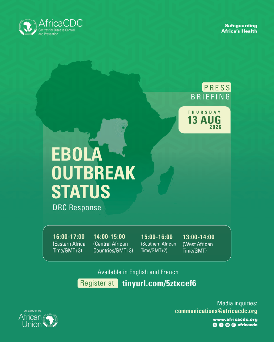 eannaso's tweet photo. 🚨 Join @AfricaCDC  tomorrow for a continental health emergencies briefing.

Get the latest updates on the Ebola outbreaks in the DRC, ongoing response actions and regional coordination efforts.

📅 13 Aug 2026
🕓 16:00 EAT | 15:00 SAT | 14:00 CAT | 13:00 GMT
🎙️ English & French interpretation

Media, partners and stakeholders are encouraged to join.

🔗 Register via Zoom: [https://t.co/89pFNHfQW9]

#Ebola #HealthEmergencies #AfricaHealth #PublicHealth