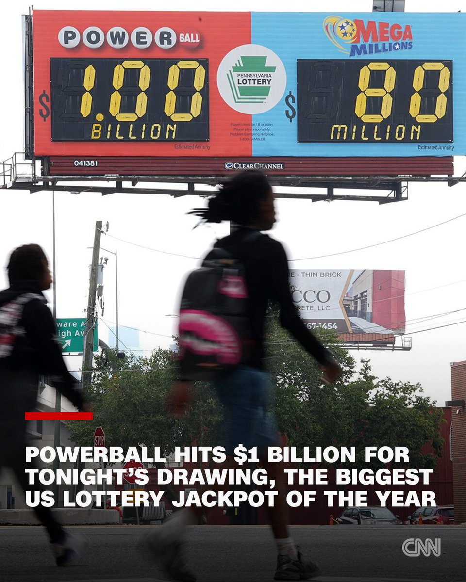 CNN's tweet photo. The Powerball jackpot has climbed to an estimated $1 billion after no ticket won the grand prize Monday night, marking the first billion-dollar Powerball jackpot since a player in Arkansas took home $1.8 billion on Christmas Eve last year. https://t.co/X7wDhjxNqa https://t.co/qUVdL1T4lA