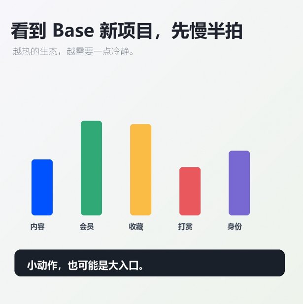 CendrellaAFS's tweet photo. Base 生态热起来后，新项目会越来越多。

我的习惯是先慢半拍：看团队是否持续更新，看用户是否真实互动，看收益来源是否说得清楚。

少抢一次热点，可能就少踩一次坑。

标签：#Base生态 #风险提示 #DYOR #加密观察 https://t.co/lC8QEdXGQl