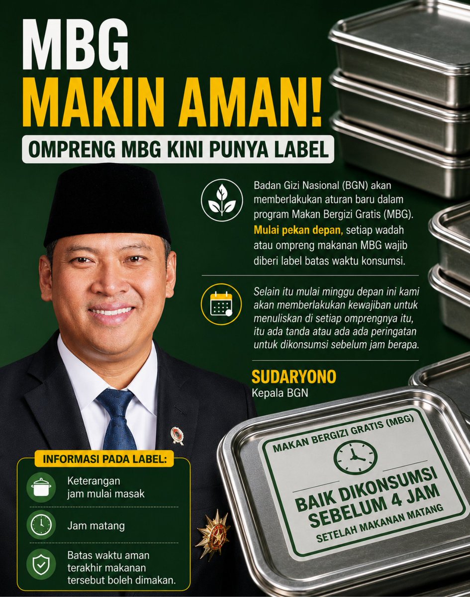pinklovers30's tweet photo. Tingkatkan keamanan, BGN mewajibkan ompreng Makan Bergizi Gratis diberi label jam matang hingga batas aman dikonsumsi.
#JagaIndonesia #MakanBergiziGratis #BGN #KeamananPangan #InfoKesehatan https://t.co/vOghK9wddU