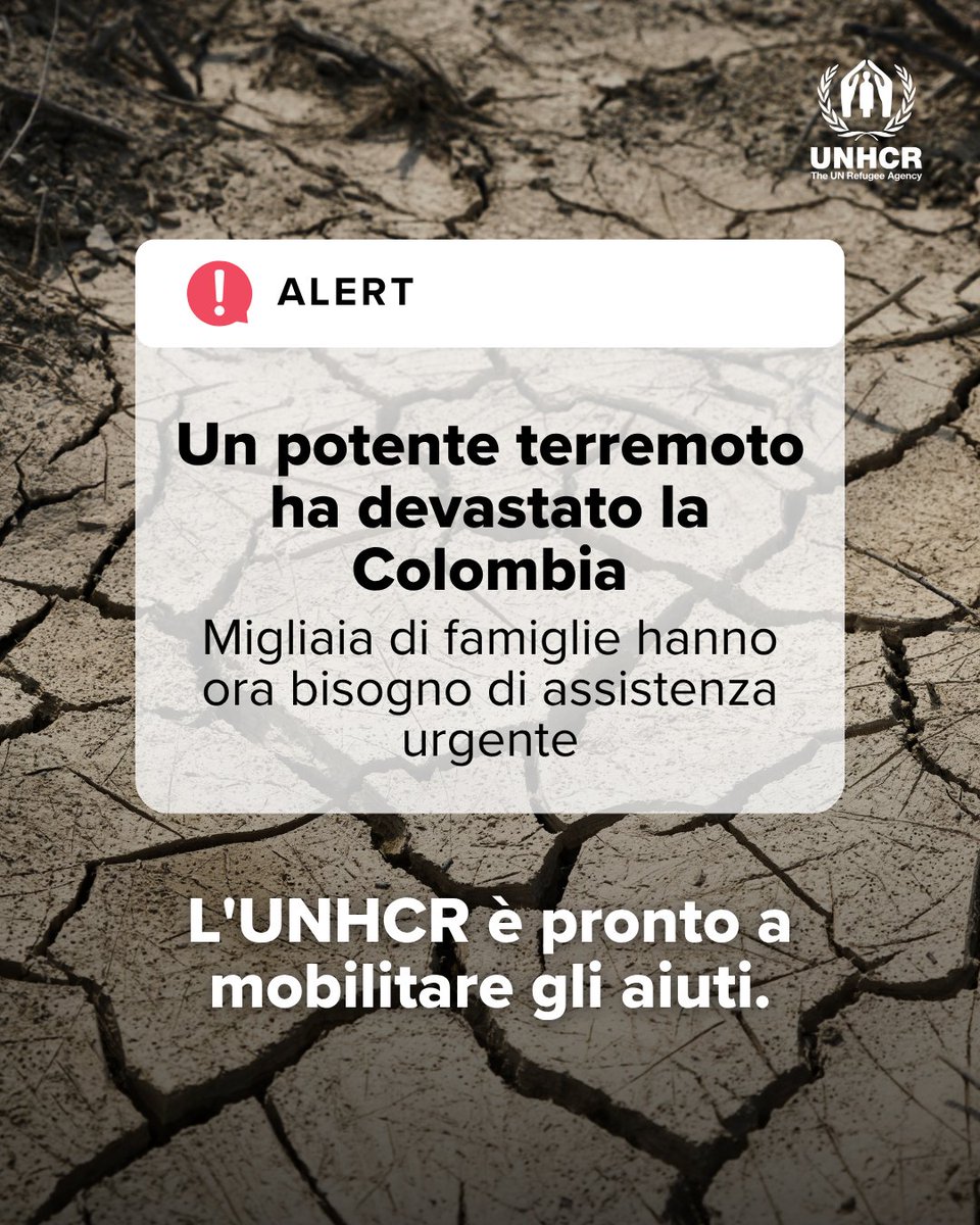 UNHCRItalia's tweet photo. 📢Un terremoto devastante ha colpito la #Colombia

Siamo pronti a intervenire, ma abbiamo bisogno del tuo aiuto per rifornire le scorte di beni di prima necessità e potenziare gli interventi
Fai una donazione e sostieni il fondo emergenze dell'UNHCR  👇
https://t.co/1iHLQmij6o https://t.co/SRemy4LEsx