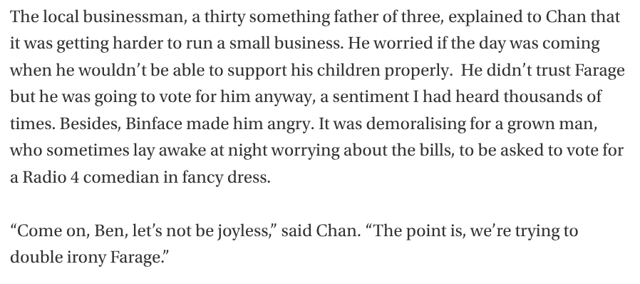 skulthorp's tweet photo. You can write entire books about why people are voting for Reform, but sometimes just watching scenes like Young Conservative and bonkers pint chugger Jay Chan trying to get a working father of three in Clacton to vote for Count Binface explains everything https://t.co/EOwln584DK
