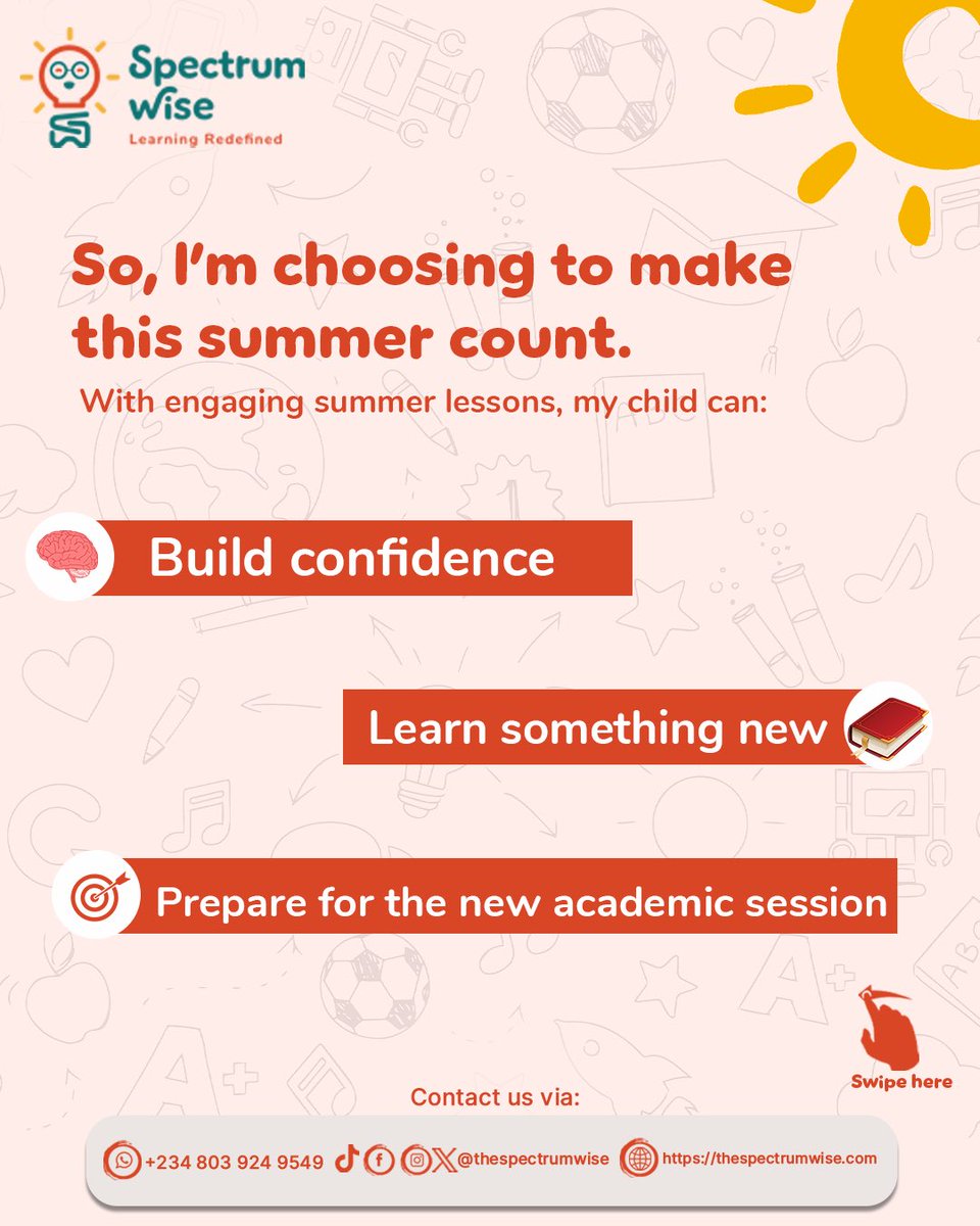 thespectrumwise's tweet photo. Want your child to start the new school year ahead?🎯
Summer is the perfect time to sharpen skills, build confidence and discover something new.
Give your child the advantage they deserve. Reserve a spot in our Summer Classes today!
#summerlearning #summerclasses #backtoschool https://t.co/J6wk7zY2Bd