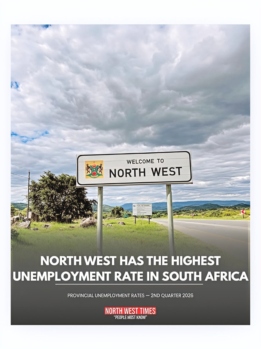 NorthWesTimes's tweet photo. PROVINCIAL UNEMPLOYMENT RATES — 2ND QUARTER 2026: 

1. North West — 56.0%😭
2. Eastern Cape — 54.1%
3. Mpumalanga — 48.3%
4. KwaZulu-Natal — 47.8%
5. Northern Cape — 47.1%
6. Limpopo — 46.7%
7. Free State — 44.0%
8. Gauteng — 40.5%
9. Western Cape — 26.1%

This is according to the latest Statistics SA, Quarterly Labour Force Survey (QLFS), 2nd Quarter 2026.

#NORTHWESTIMES 
#PEOPLEMUSTKNOW