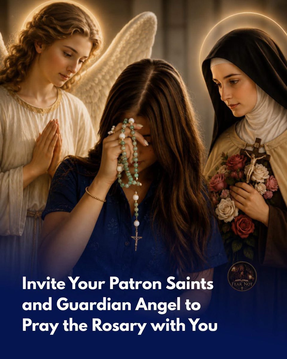 chiamaka___o's tweet photo. INVITE YOUR PATRON SAINTS AND GUARDIAN ANGEL TO PRAY THE ROSARY WITH YOU
 
When you hold your Rosary in your hands, you are joining a great choir of voices that stretches from earth all the way to Heaven. And among those who long to pray with you are two special companions: your Patron Saint — chosen for you or chosen by you to guide your life — and your Guardian Angel, who has walked beside you from the very first moment of your existence.
💫 Why Invite Them?
 
Your Patron Saint knows your struggles, your joys, and your unique path to holiness. They have walked the road before you and cheer for you from Heaven. Your Guardian Angel prays for you without ceasing, guarding your steps and lighting your way. When you invite them to pray the Rosary with you, you are not adding strangers — you are welcoming your dearest friends and allies into your prayer.
 
"When you pray the Rosary, your Guardian Angel stands beside you, offering your prayers to God, and joining his voice to yours."
— St. John Paul II
 
"The saints are our friends. They do not need our prayers, but they love to pray with us. When we call upon them, they draw near and rejoice over our prayer."
— St. Thérèse of Lisieux
 
"Your Patron Saint is your special advocate, your guide, and your model. Walk closely with them, especially in prayer."
— St. Josemaría Escrivá
 
📿 How to Do It — A Simple Way
 
Before you begin your Rosary, pause for a moment and say:
 
𝘐𝘯 𝘵𝘩𝘦 𝘯𝘢𝘮𝘦 𝘰𝘧 𝘵𝘩𝘦 𝘍𝘢𝘵𝘩𝘦𝘳, 𝘢𝘯𝘥 𝘰𝘧 𝘵𝘩𝘦 𝘚𝘰𝘯, 𝘢𝘯𝘥 𝘰𝘧 𝘵𝘩𝘦 𝘏𝘰𝘭𝘺 𝘚𝘱𝘪𝘳𝘪𝘵. 𝘈𝘮𝘦𝘯.
 
𝘔𝘺 𝘎𝘰𝘥, 𝘐 𝘣𝘦𝘭𝘪𝘦𝘷𝘦 𝘪𝘯 𝘠𝘰𝘶, 𝘐 𝘩𝘰𝘱𝘦 𝘪𝘯 𝘠𝘰𝘶, 𝘐 𝘭𝘰𝘷𝘦 𝘠𝘰𝘶, 𝘢𝘯𝘥 𝘐 𝘵𝘳𝘶𝘴𝘵 𝘪𝘯 𝘠𝘰𝘶.
 
𝘐 𝘪𝘯𝘷𝘪𝘵𝘦 𝘮𝘺 𝘗𝘢𝘵𝘳𝘰𝘯 𝘚𝘢𝘪𝘯𝘵, [𝘕𝘢𝘮𝘦 𝘰𝘧 𝘺𝘰𝘶𝘳 𝘗𝘢𝘵𝘳𝘰𝘯 𝘚𝘢𝘪𝘯𝘵], 𝘵𝘰 𝘱𝘳𝘢𝘺 𝘵𝘩𝘪𝘴 𝘙𝘰𝘴𝘢𝘳𝘺 𝘸𝘪𝘵𝘩 𝘮𝘦. 𝘗𝘭𝘦𝘢𝘴𝘦 𝘱𝘳𝘢𝘺 𝘧𝘰𝘳 𝘮𝘦, 𝘨𝘶𝘪𝘥𝘦 𝘮𝘦, 𝘢𝘯𝘥 𝘫𝘰𝘪𝘯 𝘺𝘰𝘶𝘳 𝘷𝘰𝘪𝘤𝘦 𝘵𝘰 𝘮𝘪𝘯𝘦 𝘢𝘴 𝘐 𝘤𝘰𝘯𝘵𝘦𝘮𝘱𝘭𝘢𝘵𝘦 𝘵𝘩𝘦 𝘭𝘪𝘧𝘦 𝘰𝘧 𝘑𝘦𝘴𝘶𝘴.
 
𝘐 𝘢𝘭𝘴𝘰 𝘪𝘯𝘷𝘪𝘵𝘦 𝘮𝘺 𝘏𝘰𝘭𝘺 𝘎𝘶𝘢𝘳𝘥𝘪𝘢𝘯 𝘈𝘯𝘨𝘦𝘭, 𝘸𝘩𝘰𝘮 𝘎𝘰𝘥 𝘩𝘢𝘴 𝘨𝘪𝘷𝘦𝘯 𝘵𝘰 𝘸𝘢𝘵𝘤𝘩 𝘰𝘷𝘦𝘳 𝘮𝘦, 𝘵𝘰 𝘱𝘳𝘢𝘺 𝘸𝘪𝘵𝘩 𝘮𝘦. 𝘏𝘦𝘭𝘱 𝘮𝘦 𝘵𝘰 𝘱𝘳𝘢𝘺 𝘸𝘪𝘵𝘩 𝘱𝘶𝘳𝘪𝘵𝘺 𝘰𝘧 𝘩𝘦𝘢𝘳𝘵, 𝘢𝘯𝘥 𝘤𝘢𝘳𝘳𝘺 𝘵𝘩𝘦𝘴𝘦 𝘱𝘳𝘢𝘺𝘦𝘳𝘴 𝘣𝘦𝘧𝘰𝘳𝘦 𝘵𝘩𝘦 𝘵𝘩𝘳𝘰𝘯𝘦 𝘰𝘧 𝘎𝘰𝘥.
 
𝘈𝘯𝘥 𝘐 𝘪𝘯𝘷𝘪𝘵𝘦 𝘢𝘭𝘭 𝘵𝘩𝘦 𝘢𝘯𝘨𝘦𝘭𝘴 𝘢𝘯𝘥 𝘴𝘢𝘪𝘯𝘵𝘴 𝘪𝘯 𝘏𝘦𝘢𝘷𝘦𝘯 𝘵𝘰 𝘱𝘳𝘢𝘺 𝘸𝘪𝘵𝘩 𝘮𝘦, 𝘶𝘯𝘪𝘵𝘦𝘥 𝘸𝘪𝘵𝘩 𝘔𝘢𝘳𝘺, 𝘰𝘶𝘳 𝘔𝘰𝘵𝘩𝘦𝘳 𝘢𝘯𝘥 𝘘𝘶𝘦𝘦𝘯. 𝘈𝘮𝘦𝘯.
 
Then begin your Rosary — knowing you are not alone.

📿 𝗔𝗡𝗗 𝗪𝗛𝗘𝗡 𝗧𝗛𝗘 𝗥𝗢𝗦𝗔𝗥𝗬 𝗙𝗘𝗘𝗟𝗦 𝗛𝗔𝗥𝗗...

Keep going.

Sometimes the most beautiful Rosary is not the one prayed with perfect concentration.

It is the one you prayed despite being tired.
The one you prayed despite being distracted.
The one you prayed while carrying a heavy heart.

The one you prayed through your tears.

The one you prayed when you didn't feel like praying at all

Ask your patron saint to intercede for you.

Source;fearnot
