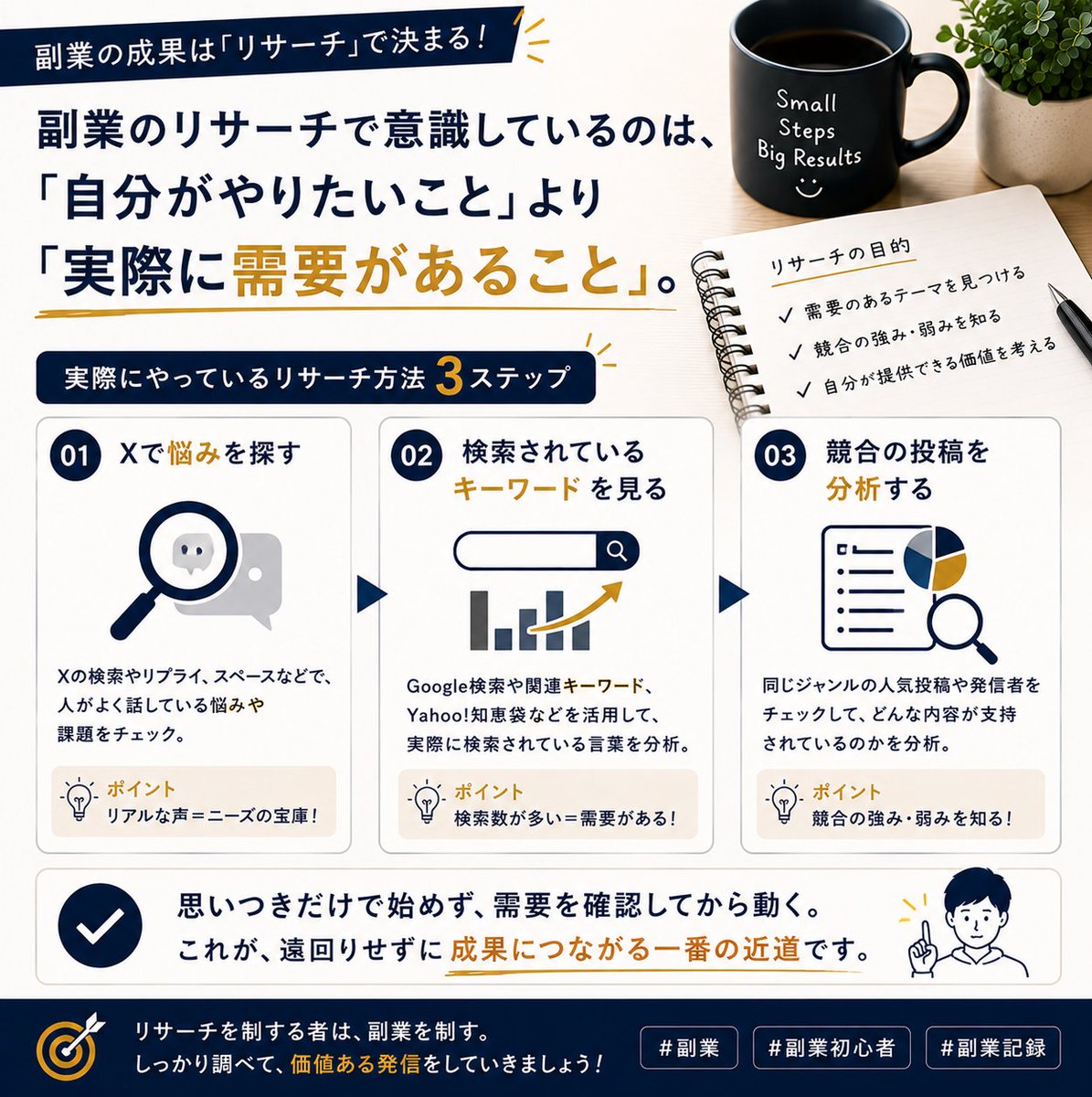 sideincome_sys's tweet photo. 副業のリサーチで意識しているのは、「自分がやりたいこと」より「実際に需要があること」。

✔ Xで悩みを探す
✔ 検索されているキーワードを見る
✔ 競合の投稿を分析する
思いつきだけで始めず、需要を確認してから動く。
#副業 #副業初心者 #副業記録 https://t.co/6MSLyM52H9