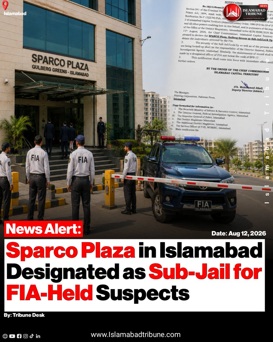 ICTTribune's tweet photo. ISLAMABAD: Sparco Plaza in Islamabad’s Gulberg Greens has been declared a sub-jail/lock-up for individuals arrested by the FIA. Under the official notification, the FIA director general will be responsible for security of the facility and detainees, while a BPS-17 or above FIA officer will maintain its records.

Read More: https://t.co/3GW3mpp5XP

Disclaimer: This report is based on an official notification dated August 11, 2026, attributed to the Office of the Chief Commissioner, Islamabad Capital Territory. References to arrested persons or detainees do not imply guilt or conviction. All individuals are presumed innocent unless proven guilty by a competent court of law. Islamabad Tribune does not independently determine the legal status, culpability or allegations concerning any detainee.

#Islamabad @FIA_Agency