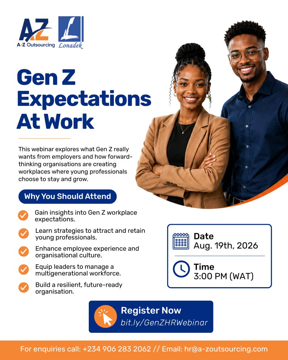 LonadekInc's tweet photo. Join @A_ZOutsourcing, in partnership with @LonadekInc, for an engaging webinar on "Gen Z Expectations at Work."
Register now via: https://t.co/rlNB7QDvK6
#AZOutsourcing #Lonadek #HRWebinar #GenZAtWork #TalentManagement #WorkplaceCulture #Leadership https://t.co/FLoz4nsM0x
