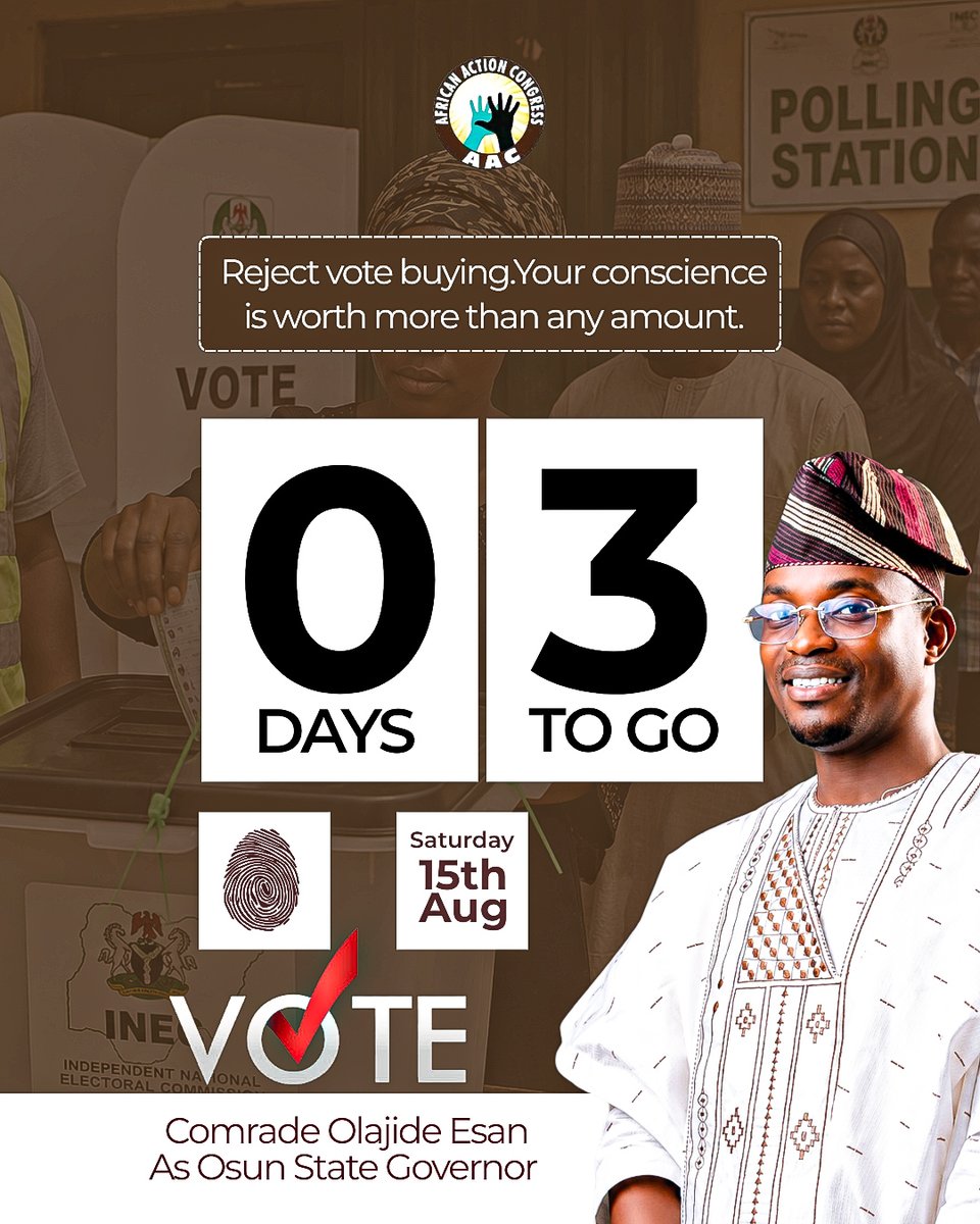 olajideesan1's tweet photo. Good morning Osun citizens.
Our vote is our voice, our conscience, and our power. Let’s reject vote buying, stand firm on our values, and choose leadership that puts the people first.
Vote wisely. Vote with courage. Vote for a better Osun.
#OsunDecides #VoteYourConscience #AAC #VoteForChange