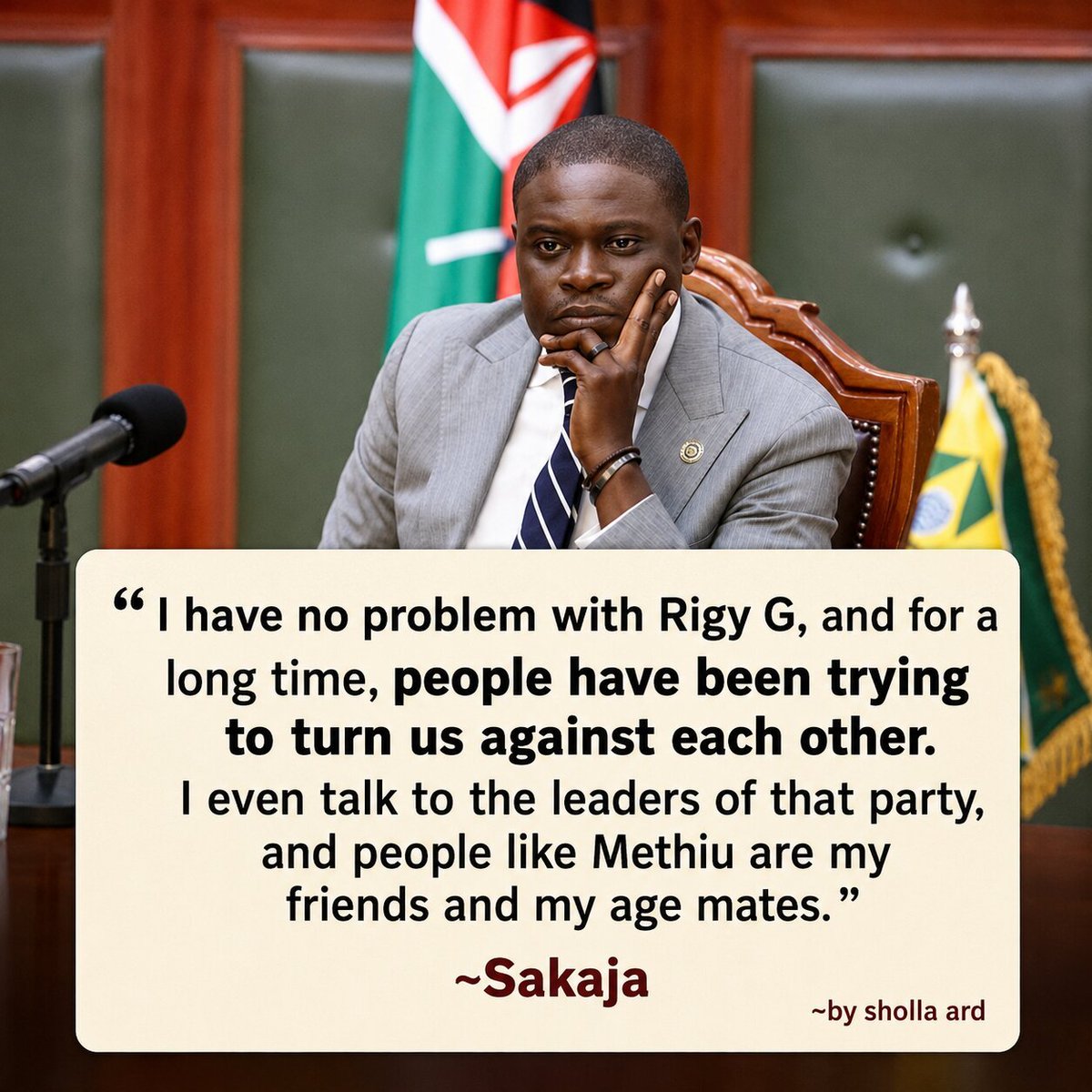 sholard_mancity's tweet photo. Just when you thought the beef was dead and buried… Sakaja drops this surprise:🚩

“I have no problem with Riggy G. People have been trying to turn us against each other for a long time. I even talk to DCP leaders… Methu is my friend and age mate.”

Guys… elections are around the corner, and suddenly the same man who clapped for Gachagua’s impeachment, traded insults in public, and acted like they were mortal enemies has remembered they’re “friends”?

This isn’t some random olive branch. This is a pure political hustle.

Sakaja can already smell 2027, and he’s desperately trying to ride on Riggy G’s Mount Kenya wave so he doesn’t drown in Nairobi.

Same way those UDA big boys quietly jumped ship once they realised the party was sinking… Sakaja has finally woken up too.

The writing was on the wall, and now he’s scrambling for any association that can save him.

Politics in this country never disappoints.