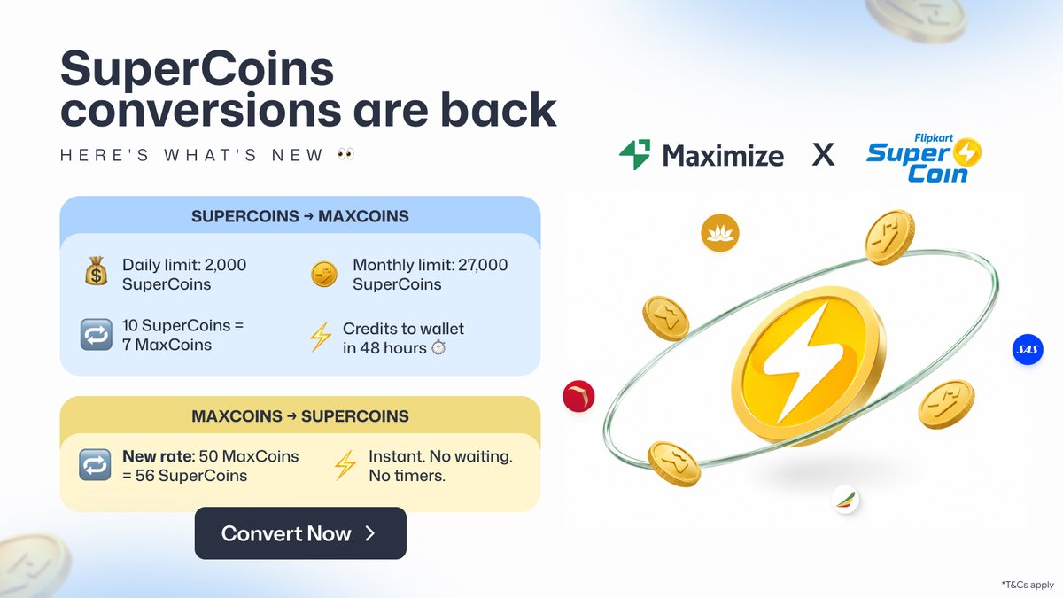 MaximizeGlobal's tweet photo. 🚨SuperCoins conversions are BACK! 🚀
After a short pause, Maximize × Flipkart SuperCoins is live again — now with fair usage limits as per Flipkart’s policy.
Here’s everything you need to know 👇 https://t.co/JwJcpVadEo
