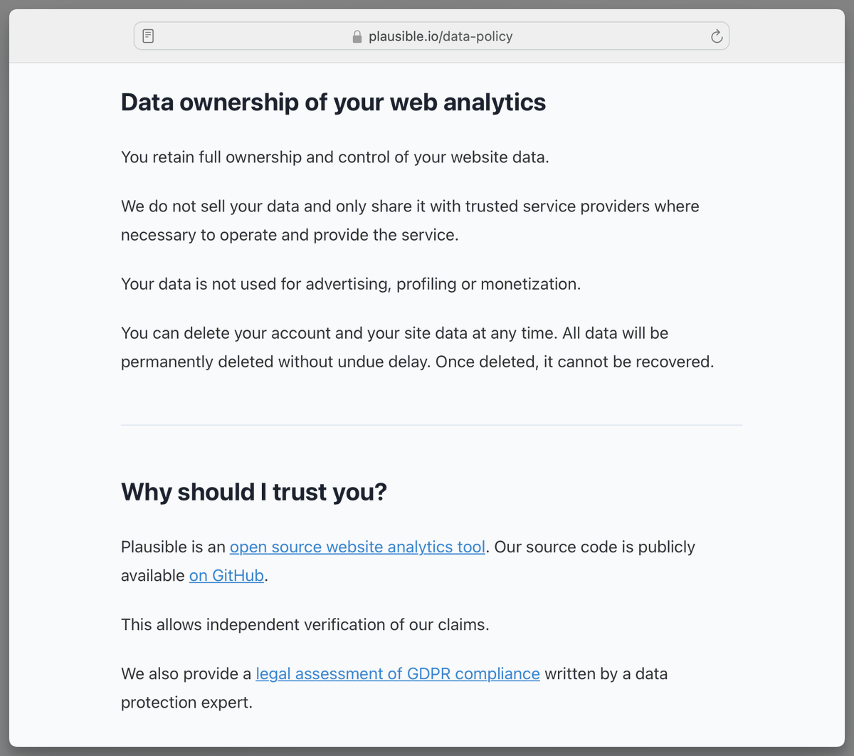 PlausibleHQ's tweet photo. Two analytics companies. Two data policies.

Google:
“...measure the effectiveness of advertising... and personalize content and ads...”

Plausible:
“Your data is not used for advertising, profiling or monetization.”

Privacy isn’t a setting. It starts with the business model. https://t.co/MCZfu93o1b