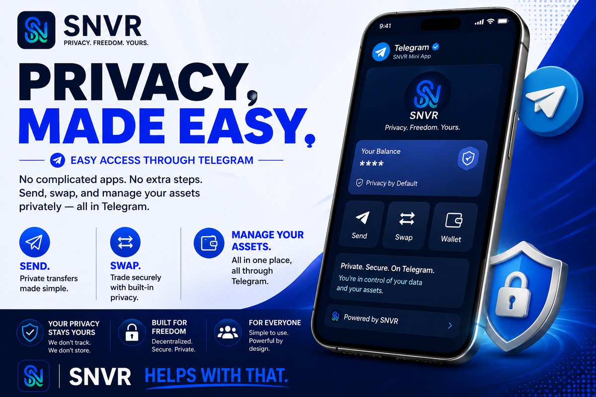 SNVROfficial's tweet photo. Telegram made crypto easier to access.

So why should privacy require complicated tools and extra steps?

Send, swap, and manage your assets through a familiar platform while keeping privacy in mind.

SNVR helps with that. 

https://t.co/gighgFHpr1  🔒 https://t.co/3VNZJPRi2X