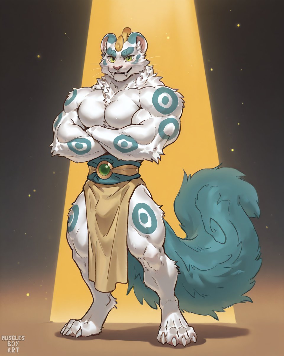 musclesboyart's tweet photo. A guardian born from ancient myth and stone,
#Tianlu #FabulousBeasts ascends the golden throne.
With jade-carved fur and horns of mystic light,
The grand protector stands in regal might.
A ward of fortune, fierce and proudly bold—
Will his great roar unlock the wealth untold?
#Bara #MuscleArt #AIArt #Furry #BL