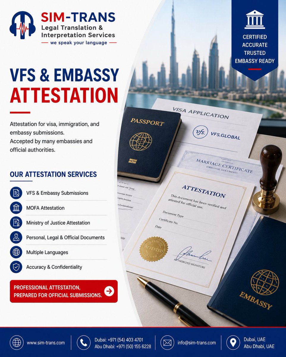 simtransuae's tweet photo. Need documents ready for VFS or embassy submissions?

SIM-TRANS provides professional translation &amp; attestation services for visa, immigration, and official documents.

 Accurate. Trusted. Professional.

📩 info@sim-trans.com

#SIMTRANS #CertifiedTranslation #AttestationServices https://t.co/gbHple6qBx