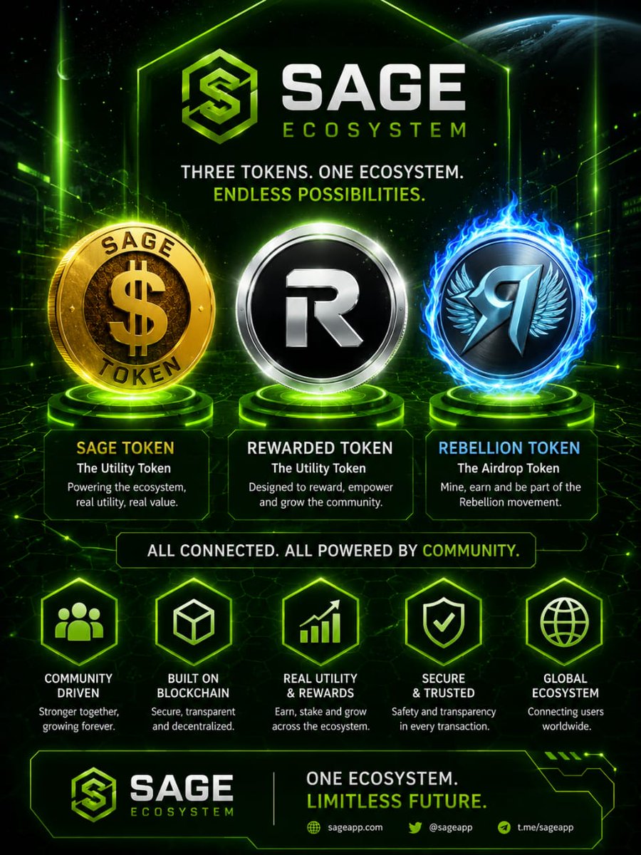 makochukwu25's tweet photo. 🌐 Three tokens. One growing ecosystem.
SAGE Token, Rewarded Token, and REBELLION Token are bringing different opportunities and experiences into the SAGE Ecosystem.
With the SAGE App connecting it all, the ecosystem keeps expanding. 🚀💎
#SAGE #Rewarded #REBELLION #SAGEEcosystem https://t.co/Q5im0mOcAr
