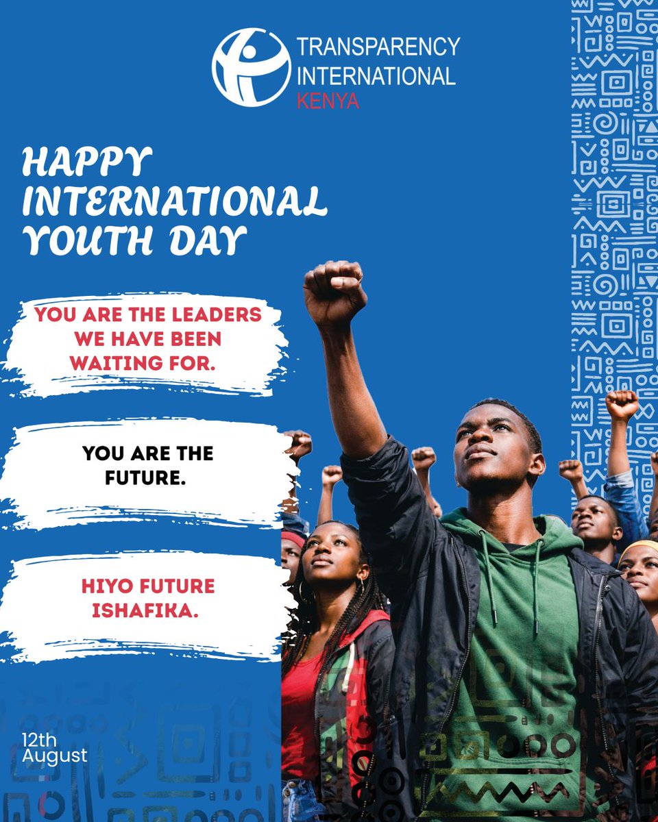 TIKenya's tweet photo. Happy International Youth Day!
“Vijana ni viongozi wa kesho.” Tumekuwa tukisikia hivi kwa miaka. Lakini ukweli ni kwamba, kesho ni leo.

Vijana wanakumbana na ufisadi na opportunities chache, kutengwa kwenye nafasi za leadership, na mifumo dhaifu ya uwajibikaji. Na bado, vijana ndio wengi; na ndio nguvu ya kesho ya Kenya.

Kupitia TARLY, @TIKenya  iko na vijana bega kwa bega kuwapa knowledge, skills na platforms za kushiriki, kuongea bila kuogopa, kudai uwajibikaji na kuchukua nafasi yao katika uongozi.
Kwa sababu vijana si viongozi wa kesho pekee. Vijana ni viongozi wa leo.

Happy International Youth Day!
#InternationalYouthDay #TARLY #YouthLeadership #YouthForIntegrity #Uwajibikaji #AcorruptionFreeSociety