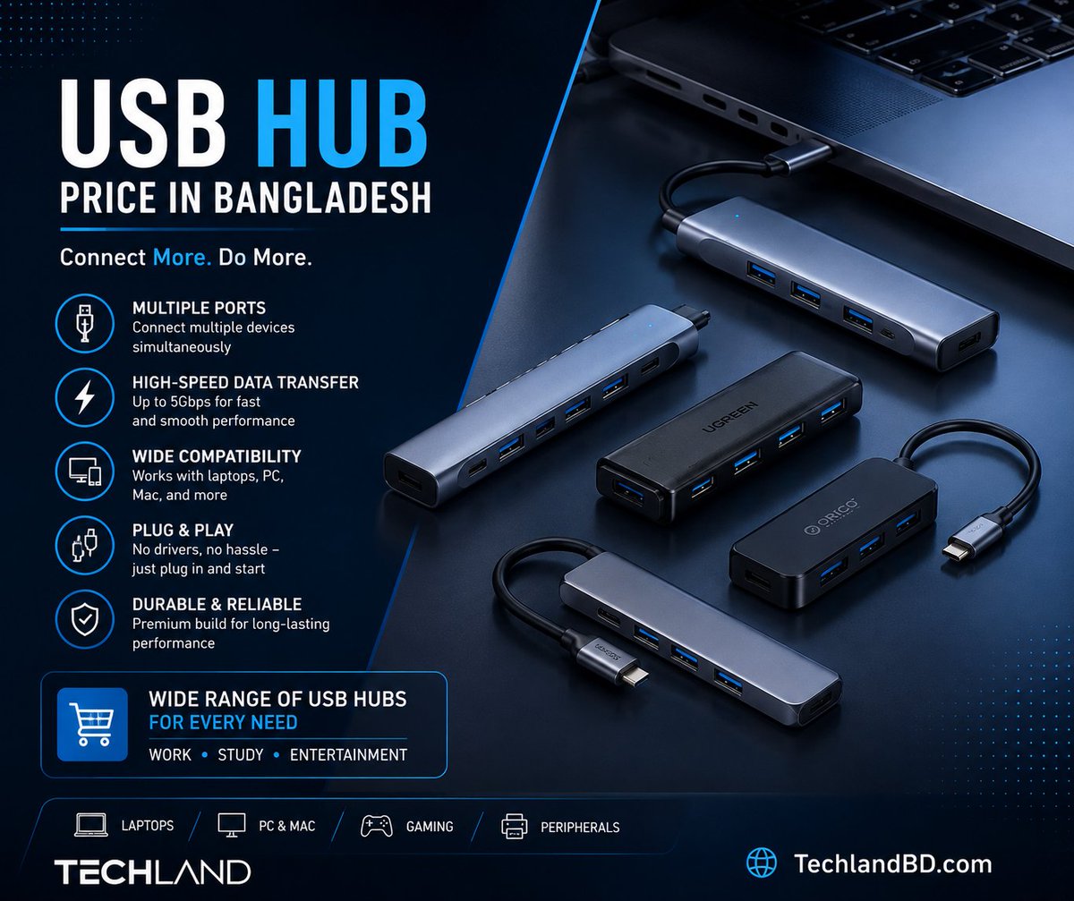 TechLandBD's tweet photo. ๐ USB Hub Price in Bangladesh
Need more ports for your laptop or PC?
โก USB 3.0
๐ USB-C
๐ฅ๏ธ HDMI
๐ Ethernet
๐พ Multiport Options
๐ป Laptop & PC Compatible
Find the right USB Hub for your setup ๐
https://t.co/0Rj4xs31a6
#USBHub #USBC #LaptopAccessories #TechlandBD https://t.co/6KhCiVwV0O