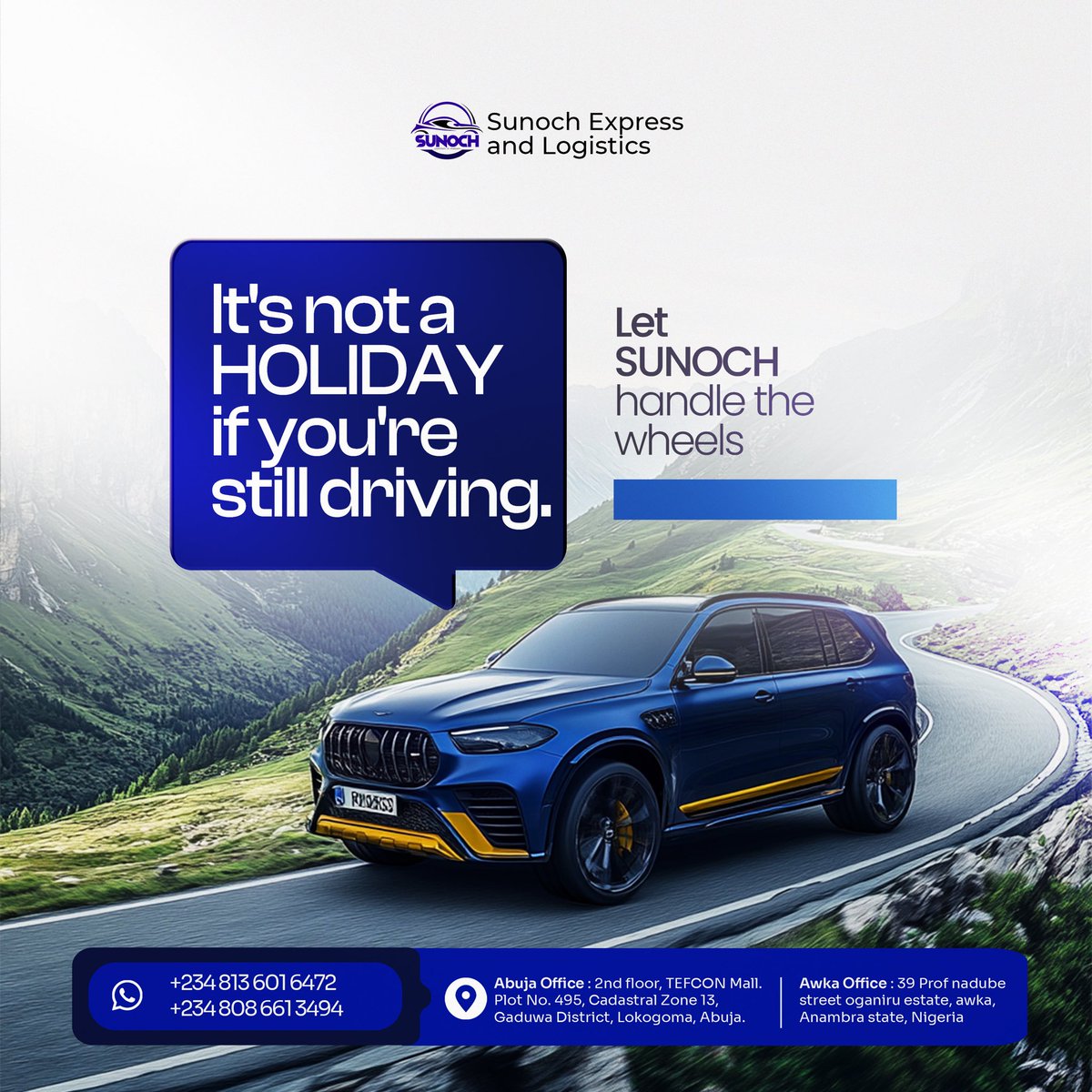 Sunochlogistics's tweet photo. Holidays are for slowing down, taking in the views, and making memories with the people you love not spending hours behind the wheel.

Let someone else handle the driving while you enjoy the journey.

Planning a trip this holiday? Send us a DM let's get your ride ready.

#Holiday https://t.co/2gN3E5DYsL