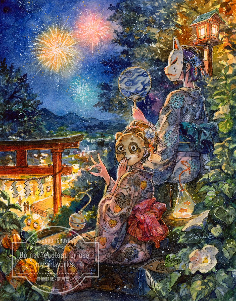 bluecielo_est's tweet photo. 【宵のあわい】 

◆水彩 
◆原画サイズ：約185×145mm  

ちょける狸 https://t.co/4mOqQ41Tu5