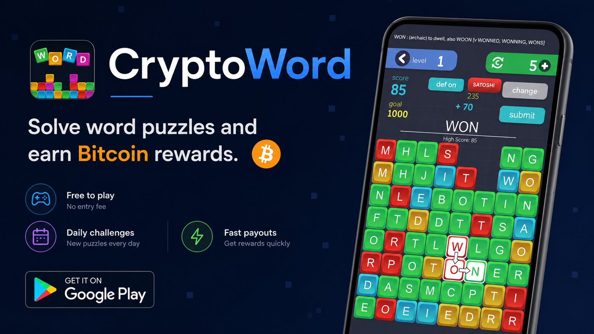 AITOOLSPRO's tweet photo. Just got paid in BTC playing CryptoWord 🪙 I've already earned 0.00000846 BTC. Word puzzles + real Bitcoin. Tap to install with my code GZ46FC pre-loaded → https://t.co/40beWv9OrC https://t.co/fs3smcKAdX