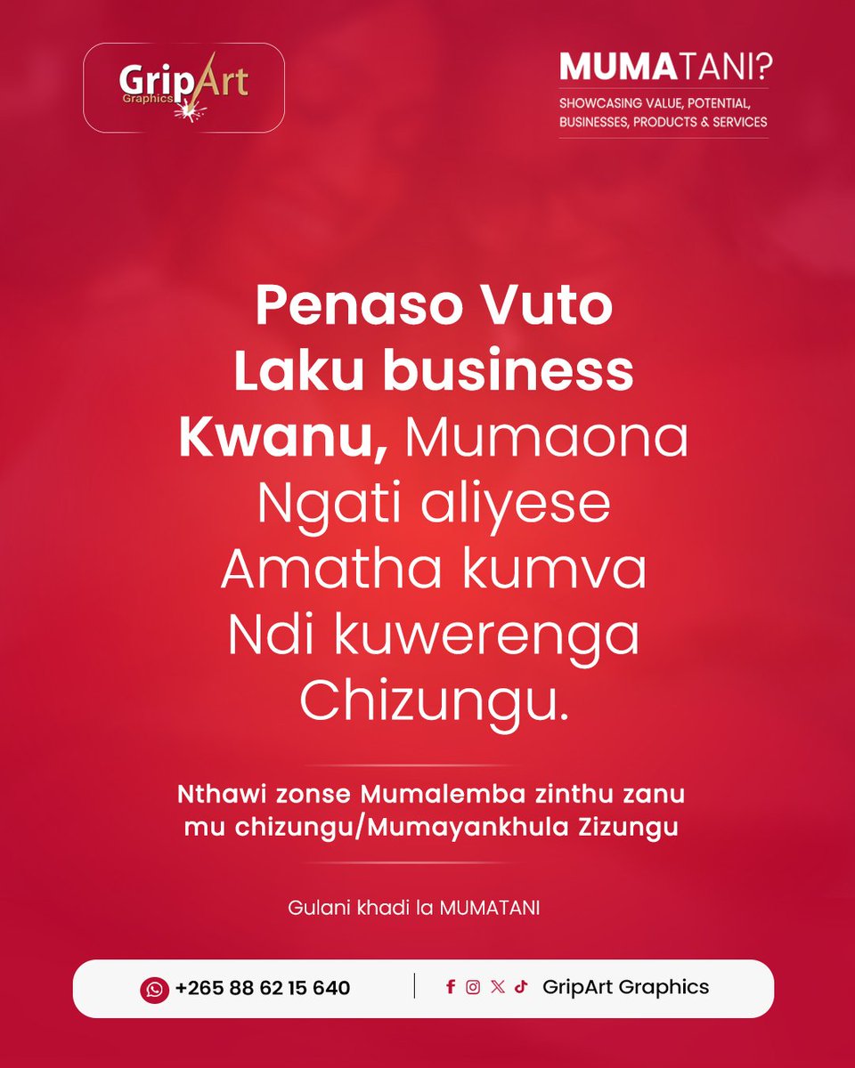 gripartgraphics's tweet photo. Osamataya makasitomala chifukwa cha chilankhulo!

Gulani khadi lanu la MUMATANI lero!
Tiyeni tiwonetse business, product kapena service yanu kwa anthu ambiri.
WhatsApp 0886215640 https://t.co/zTBREUtScg