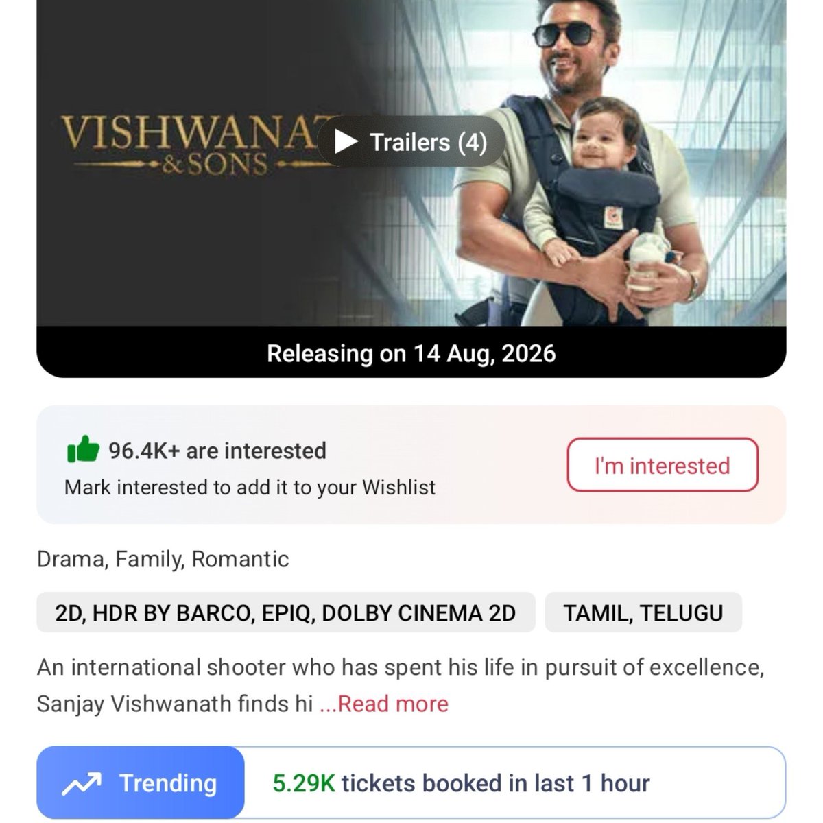 filmy_view's tweet photo. #VishwanathAndSons
1-2pm
Tickets sold on BMS- 5290
Total from 6am- 29660 https://t.co/qTImTlDv2G