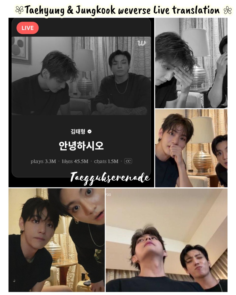 taeggukserenade's tweet photo. Taehyung & Jungkook weverse Live full translations 

Title:- Helloo~~

🐻There’s way too much pepper. Paprika. Paprika. 
🐻This is different from yesterday, isn’t it?
🐰 Yeah. Why? 
🐰Yesterday it was kind of watery, wasn’t it? 🐻Yeah. 
🐻Did I do it wrong yesterday? 
🐰Ah. Every time I cut this, the knife keeps wobbling.
 ( 🐰Get up to fix camera )
🐰We’re dieting.
🐻 “We’re starving ourselves!”
 🐰You’re not actually starving yourself, though.
🐻 The two of us are dieting. 
🐰The members in the room next door are probably eating something really delicious. 
🐻We’re working out, and this time we decided to really try exercising properly, so we’re managing our diet as well. 
🐰Chicken breast. 
🐻Sweet potato.
🐻 Pepper, pepper, pepper. 
Um… it adds that savory flavor. Oh.
🐰I like pepper, so… it’s delicious. Give me some. But there’s actually pepper sprinkled on it already.
🐻 Nice to meet you, everyone. 
🐰Nice to meet you.X2
🐻Hello. I’m Kim Taehyung.
🐰 I’m Jeon Jungkook. We just came back from performing.
🐰 We just finished the concert, changed clothes, and decided to start a LIVE while eating.
🐰 The menu is chicken breast, sweet potato, half a steak, bell pepper, mushrooms stir fried onion, and grilled asparagus.
🐻 I’ve got Coke.
🐰 I’ve got ARIH.
🐻 How have you all been?
🐻 I’ve got Coke.
🐰 I’ve got ARIH.
🐻what flavour it is
🐰 blueberry 
🐻 it's delicious 
🐰 Arih is delicious 
🐻 How have you all been?
🐻Please talk a little about how everyone has been doing lately. Please tell us.
🐻Since I’ve also been studying English these days, and since we’ve been doing that to some extent…
🐻“We can interpret it.”
🐰 “Can you see the letters?”
🐻 “Ah, I can’t see them.” (opens eyes wide)
( 🐻 reading comments )
🐻“What came first, the egg or the chicken?”
🐰😅😂😂
🐻We’re talking about this, and it turns into a debate.
🐰 A debate, 
🐻a debate. Go with the debate.
🐰If the two of us are doing a live like this, then we’ll hear that someone is doing a live in the next room, right?
🐻Yeah, Who do you think will come over?
🐰will they come..? Don't you think they won't come
🐻Since it’s after the concert, I think everyone except Jin-hyung has probably turned off their alarms.
🐻 Balance game: chicken breast vs. chicken thigh.
🐰 I’m going with thigh meat.
🐻 But there are a lot of people who like chicken breast too, right?
🐰These days, though, I think I’m starting to like it more. But if it’s tasty and tender right, right. You know, things like sous-vide chicken breast. 🐻Yeah. 
🐰Ah, it would be nice to make chicken breast with a sous-vide machine. 
🐻Ah, do people who work out actually carry a sous-vide machine around with them? 
🐰Or maybe a vacuum sealer or something?
🐻 Is that taking it too far,
🐻We definitely… when we go on tour, a lot of people might think that we lose weight because we burn so many calories while performing, but we eat just as much. 
🐰It doesn’t really come off. Just performing doesn’t make the weight come off. 
🐻Because we need to put in energy, to get that energy, we eat a lot of food. So now, I’m gradually getting back to how I used to be. 
🐰Ah, and since we’re doing a live, 
🐻 about Today..?
🐰no ,no it's not about the show 
🐰 I am continuing to perform on stage right now, My shin is on the verge of a stress fracture, so even though I really wanted to keep running today, there were moments when it hurt so much that I couldn’t run… I hope you can understand that. 
🐰I want to get better quickly too, but since I keep having performances, I can’t really recover. So I’ll do my best to maintain my condition and continue performing. 
🐻Also, Jungkook recently went to the hospital again. 

+