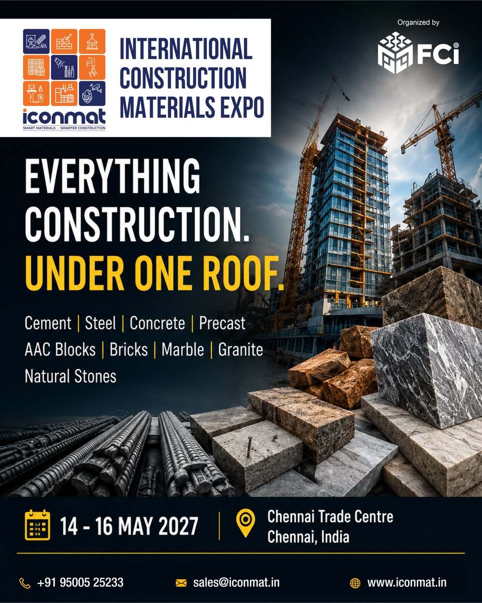 iconmat's tweet photo. 🏗️ Everything Construction. Under One Roof!
ICONMAT 2027 brings together Cement, Steel, Concrete, Precast, AAC Blocks, Bricks, Marble, Granite &amp; Natural Stones.
📅 14–16 May 2027 |📍Chennai Trade Centre
📞 +91 95005 25233 |🌐https://t.co/MdliWeyMKu
#ICONMAT2027 #Construction #B2B https://t.co/L2sHmBizl7
