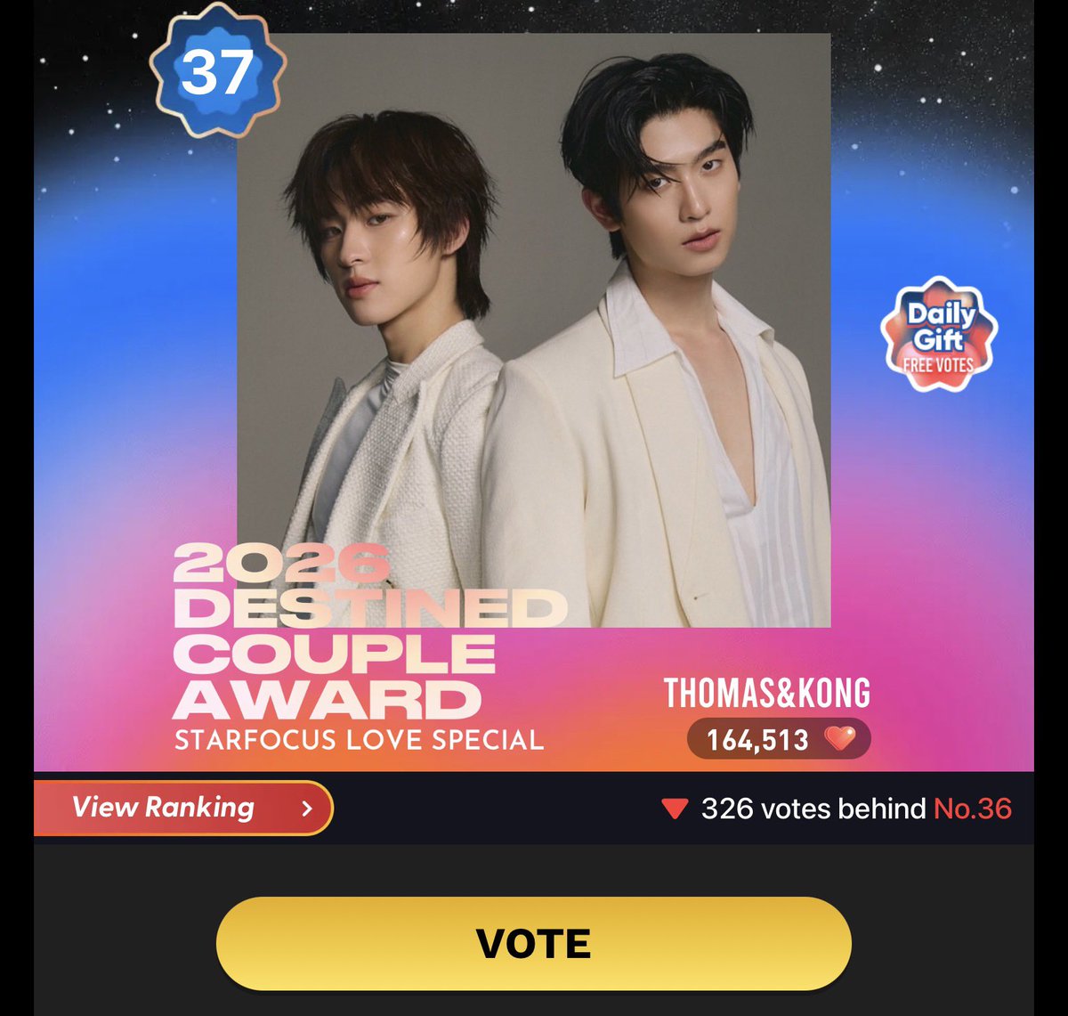 Teamvotefortmk's tweet photo. 2025 Deatined Couple Awards "ThomasKong"

🔗Vote Link: https://t.co/7WQtnYu0MQ

⏰DDL: 08:11 - 08:28 12:00PM (BKK)

#โทมัสก้อง #ThomasKong 
#VoteforThomasKong https://t.co/84eoAloBwy
