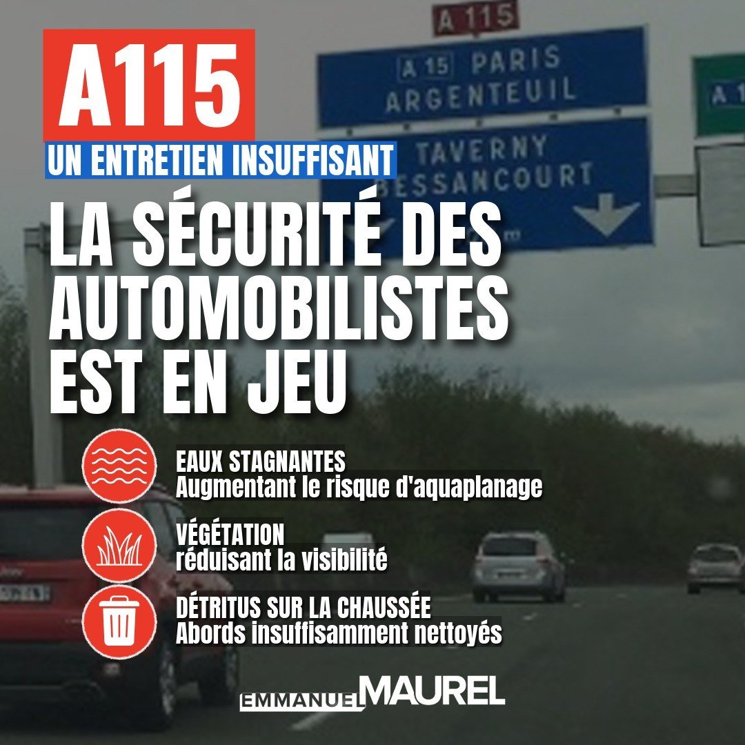 emmanuelmaurel's tweet photo. 🚗 L’A115 est un axe essentiel du Val-d’Oise.

Eaux stagnantes, végétation, détritus : son entretien insuffisant pose un problème de sécurité.

Autoroute non concédée, son entretien relève de l’État qui doit agir.

Lire ma question :
https://t.co/4KpwSMucLC

#ValdOise #A115 https://t.co/ewAXH25ut1