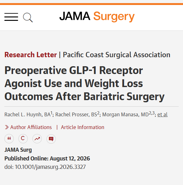 JAMASurgery's tweet photo. Preoperative #GLP1 receptor agonist use was not associated with greater 12-month weight loss after #BariatricSurgery, and postoperative outcomes were similar to those of patients not taking these medications. 

https://t.co/wh7lV95Rgk https://t.co/uETbbDMO4O